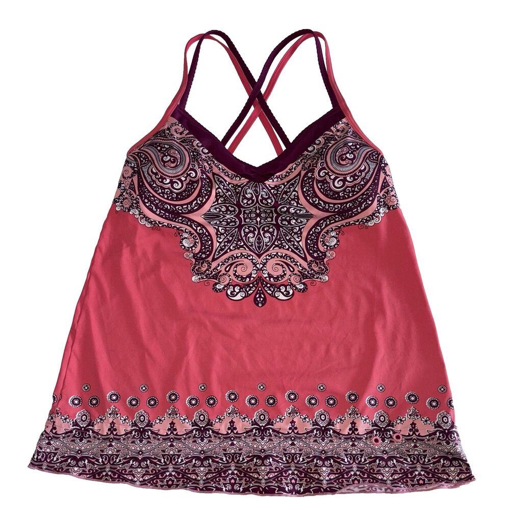 Athleta Tankini Pink Print Swim Top XS Bra Lined Criss Cross Straps